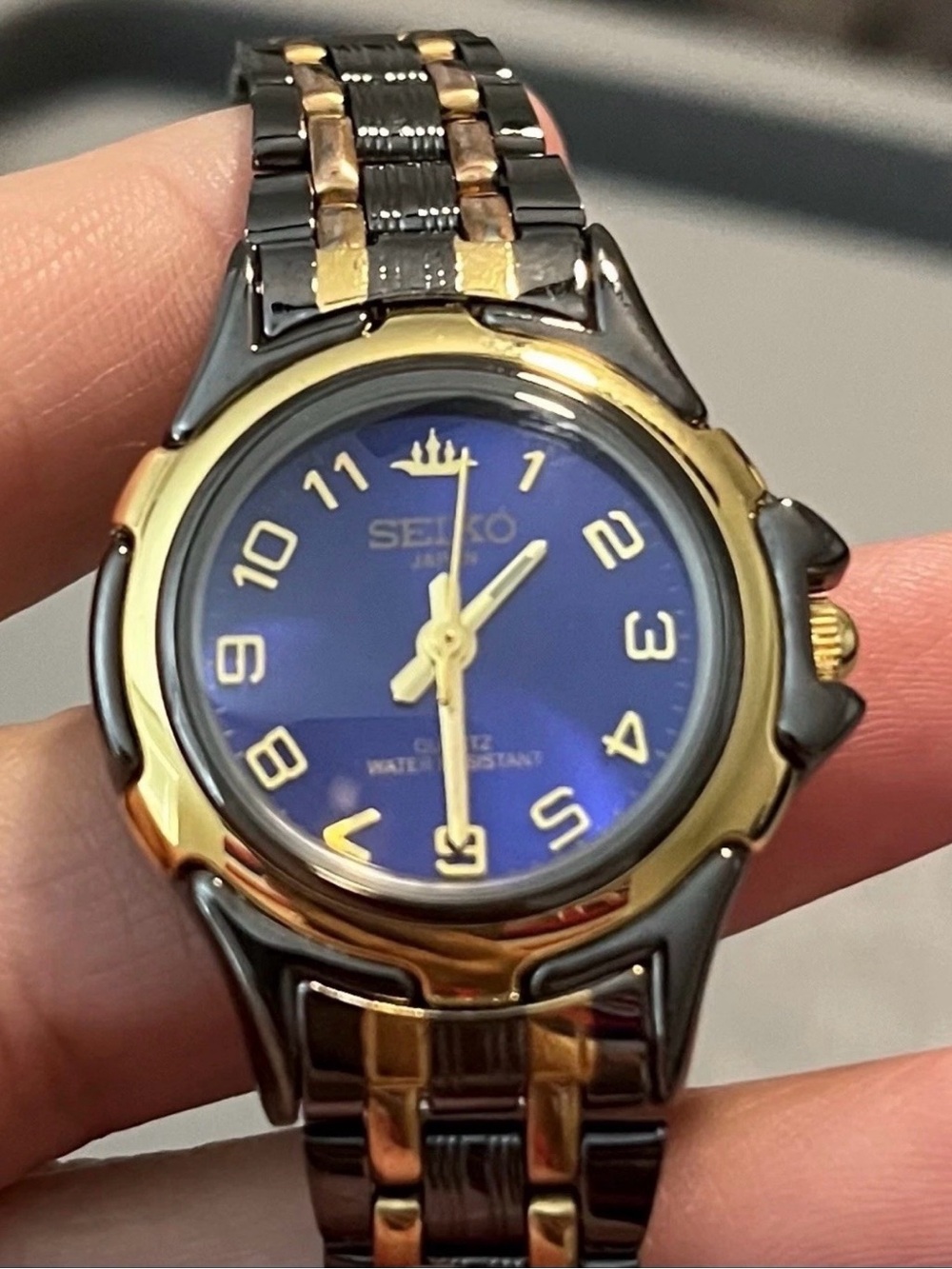 Seiko quartz women’s watch with a blue dial and a two-tone bracelet